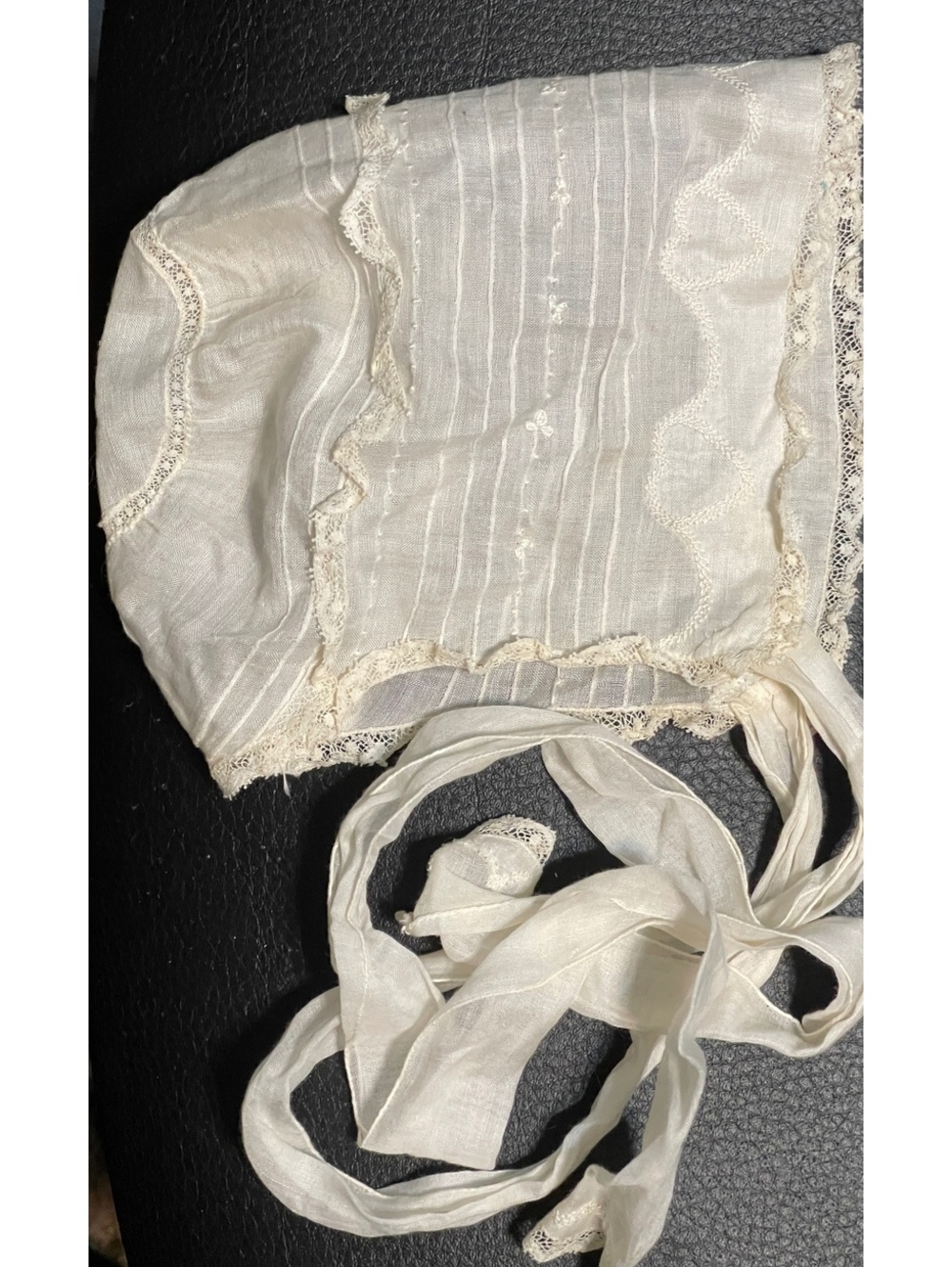 Antique Baby Bonnet Ivory Lace Pintuck Embroidered Hearts Victorian Edwardian